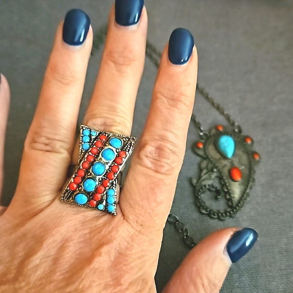 Southwest native style ring & necklace red & turquoise - Picture 7 of 9